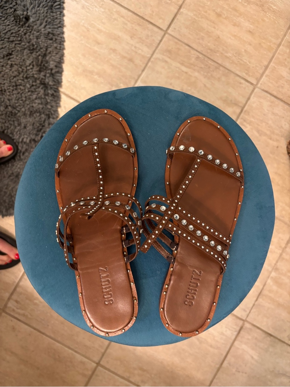 SCHUTZ Brown Studded Strappy Slide Sandals